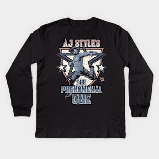 AJ Styles The Phenomenal One Distressed Portrait Kids Long Sleeve T-Shirt